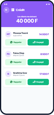 L'écran Crédit de Sira Lite : la liste des clients qui doivent, avec le total dû