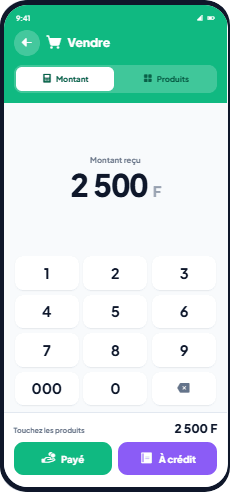 L'écran Vendre de Sira Lite : un pavé numérique, un montant, et deux boutons — Payé ou À crédit
